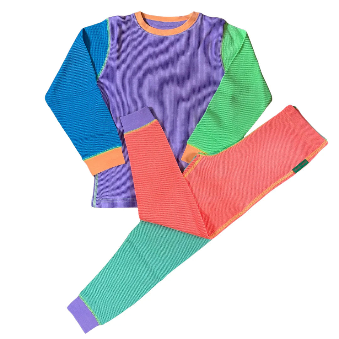 Organic Cotton Waffle Top & Pants Set - Dayglow Colorblock
