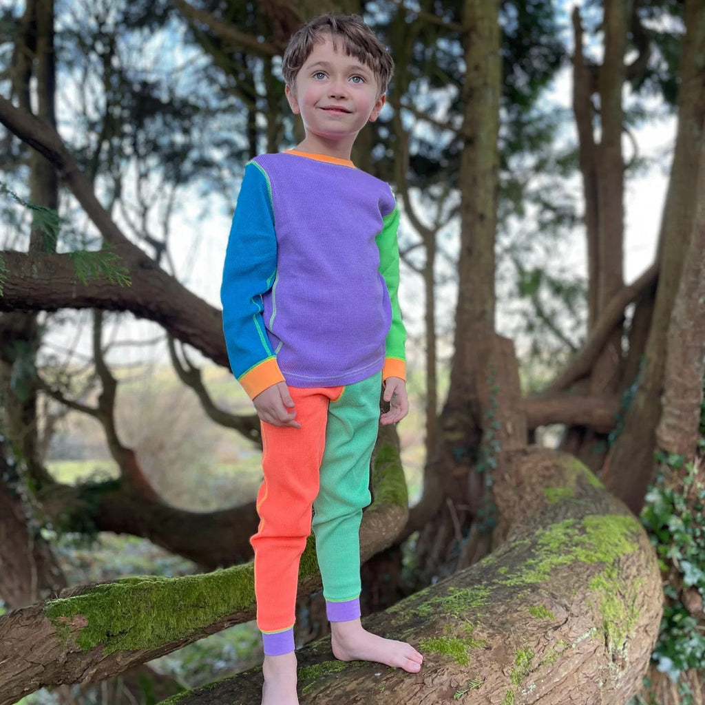 Organic Cotton Waffle Top & Pants Set - Dayglow Colorblock
