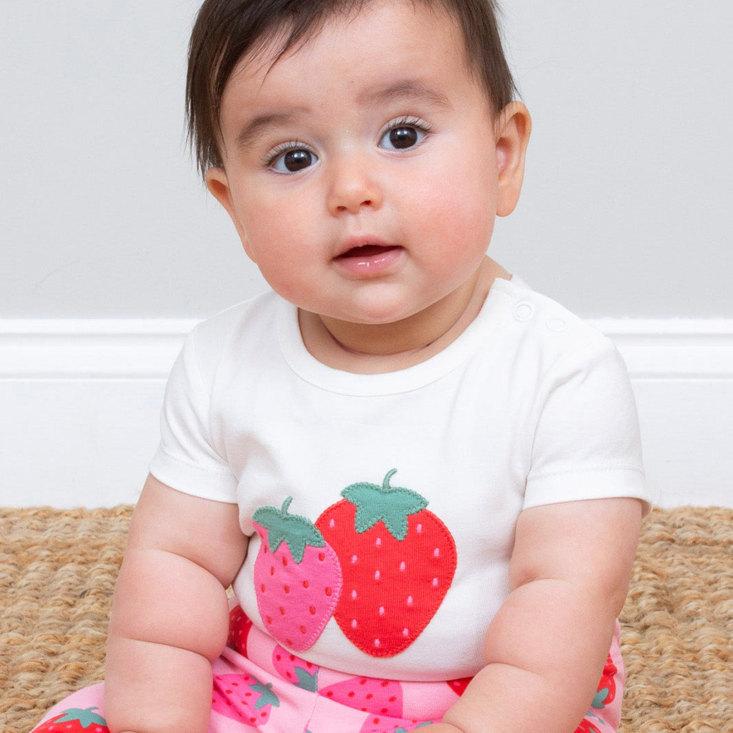 Organic Cotton Short Sleeve Bodysuit - Strawberry Appliqué