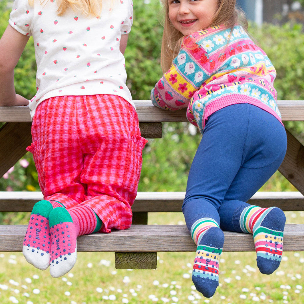 Organic Cotton Grippy Socks 2-Pack - Sheep & Stripe Azalea