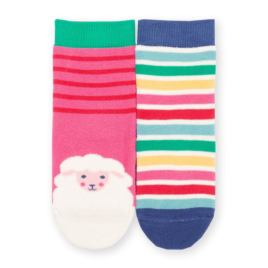 Organic Cotton Grippy Socks 2-Pack - Sheep & Stripe Azalea