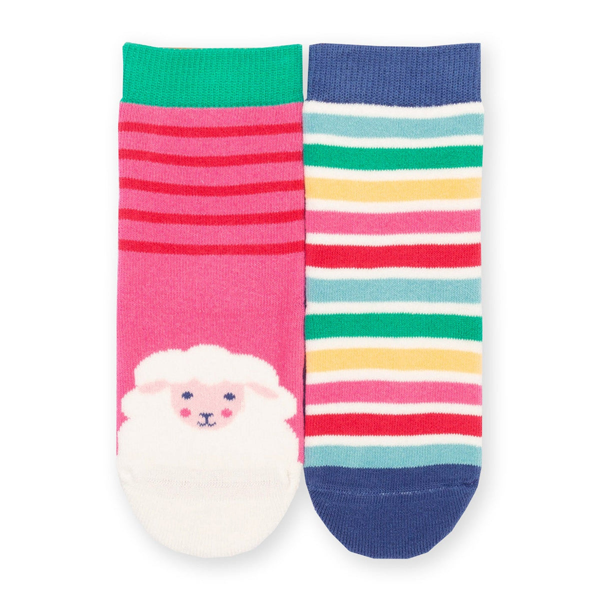 Organic Cotton Grippy Socks 2-Pack - Sheep & Stripe Azalea