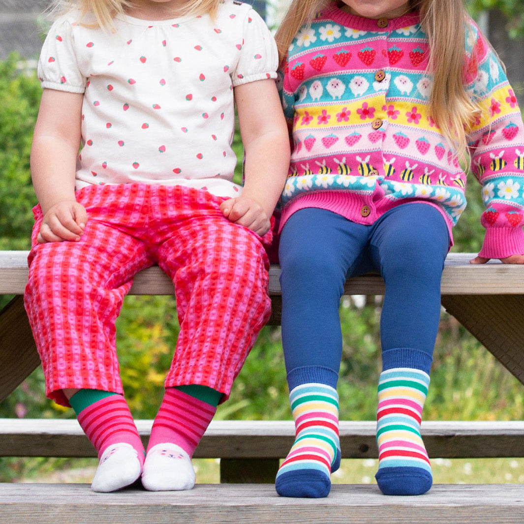 Organic Cotton Grippy Socks 2-Pack - Sheep & Stripe Azalea