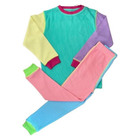 Organic Cotton Waffle Top & Pants Set - Neon Colorblock