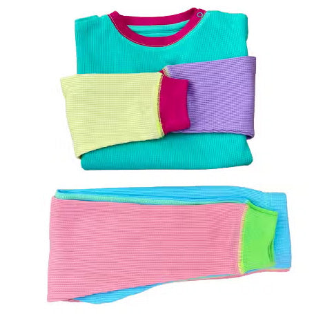 Organic Cotton Waffle Top & Pants Set - Neon Colorblock