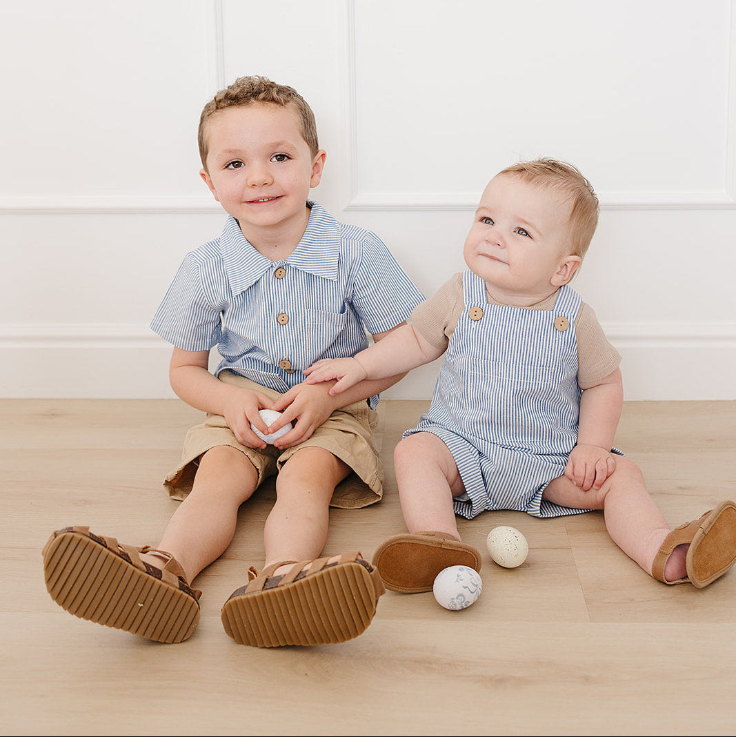 Short Linen Overalls- Blue Stripe