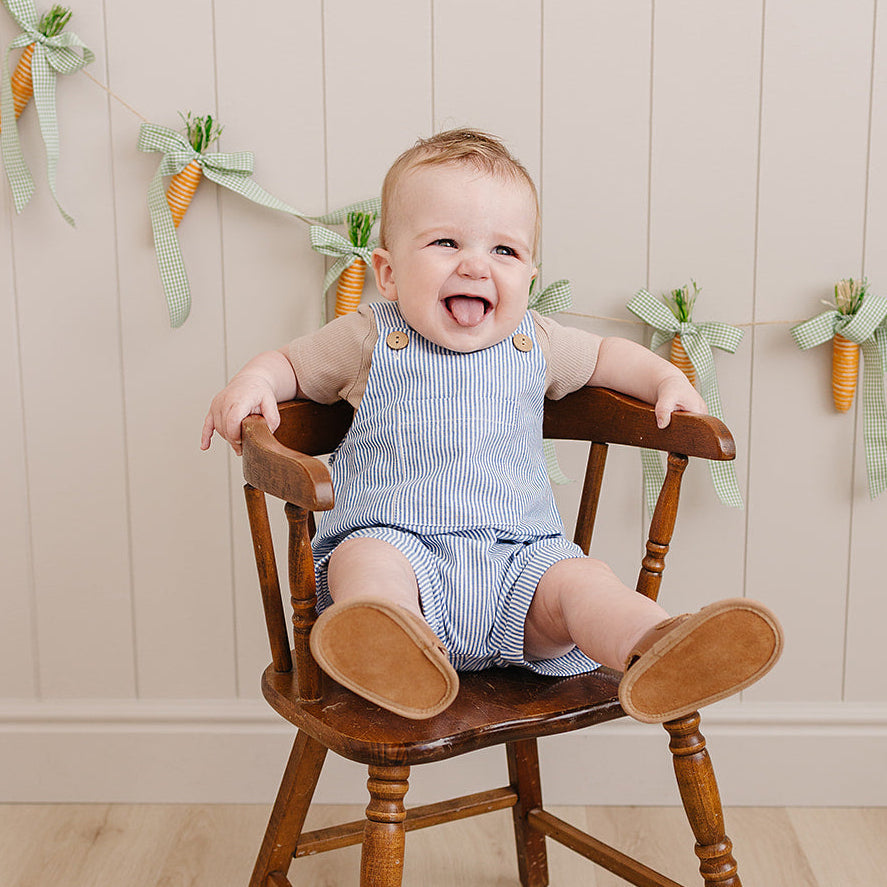 Short Linen Overalls- Blue Stripe