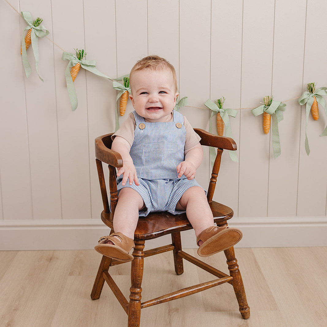Short Linen Overalls- Blue Stripe